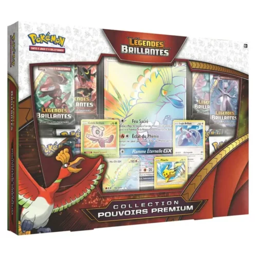 Coffret-Pokemon-Ho-Oh-GX-Legendes-Brillantes-Pouvoirs-Premium-1-1 Image du Coffret Pokémon Ho-Oh GX Légendes Brillantes SL03.5, contenant des cartes promo brillantes de Lugia, Celebi et Pikachu, ainsi que des boosters Soleil et Lune - Légendes Brillantes, un poster avec 9 Pokémon Brillants, une carte grand format promo arc-en-ciel entièrement illustrée de Ho-Oh-GX, et une carte à code pour le JCC Pokémon Online.