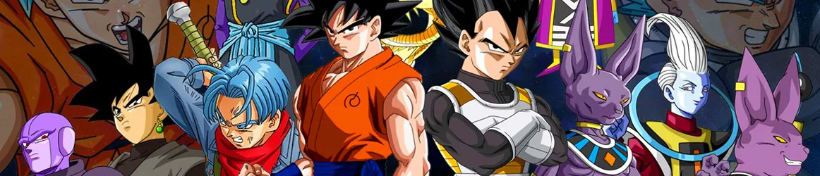 Personnages de Dragon Ball Super Hit, Black Goku, Trunks du futur, Goku, Vegeta, Beerus, Whis et Champa