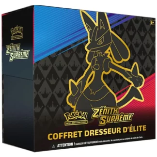 Coffret Pokémon Dresseur d’Elite Zénith Suprême 12.5 : aperçu de la boîte contenant des boosters et des cartes à collectionner.