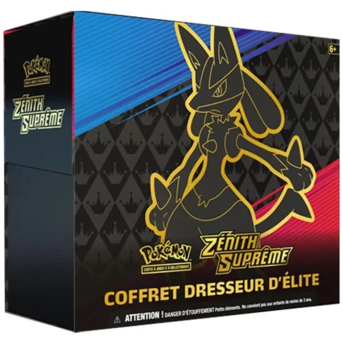 Coffret Dresseur Elite Pokemon ETB Zenith Supreme Coffret Pokémon Dresseur d’Elite Zénith Suprême 12.5 : aperçu de la boîte contenant des boosters et des cartes à collectionner.