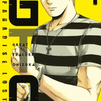 Image du manga GTO Paradise Lost tome 01, montrant Eikichi Onizuka, portant un t-shirt rayé avec des menottes, sur fond jaune.