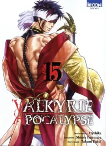Image de couverture de Valkyrie Apocalypse tome 15, montrant Hadès et Qin Shi Huang en train de se battre dans une arène. Le titre du manga est écrit en lettres jaunes sur fond rouge.