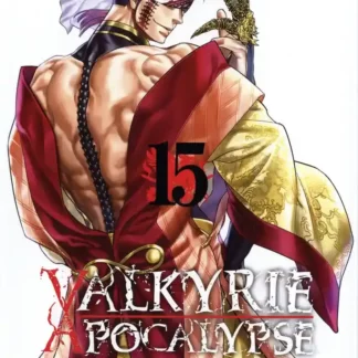 Image de couverture de Valkyrie Apocalypse tome 15, montrant Hadès et Qin Shi Huang en train de se battre dans une arène. Le titre du manga est écrit en lettres jaunes sur fond rouge.
