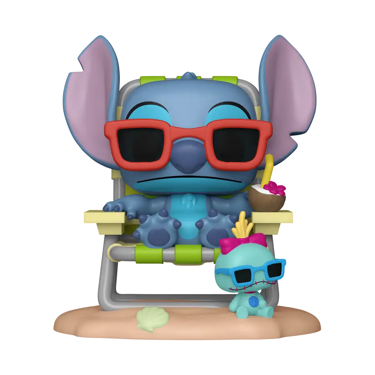 Funko Pop Stitch sur un transat avec Scrump