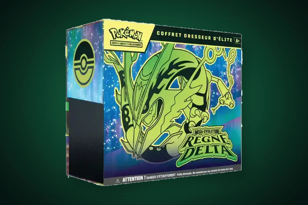 Coffret Dresseur d'Élite Pokémon Méga-Évolution Règne Delta en français, Méga-Rayquaza sur la boîte