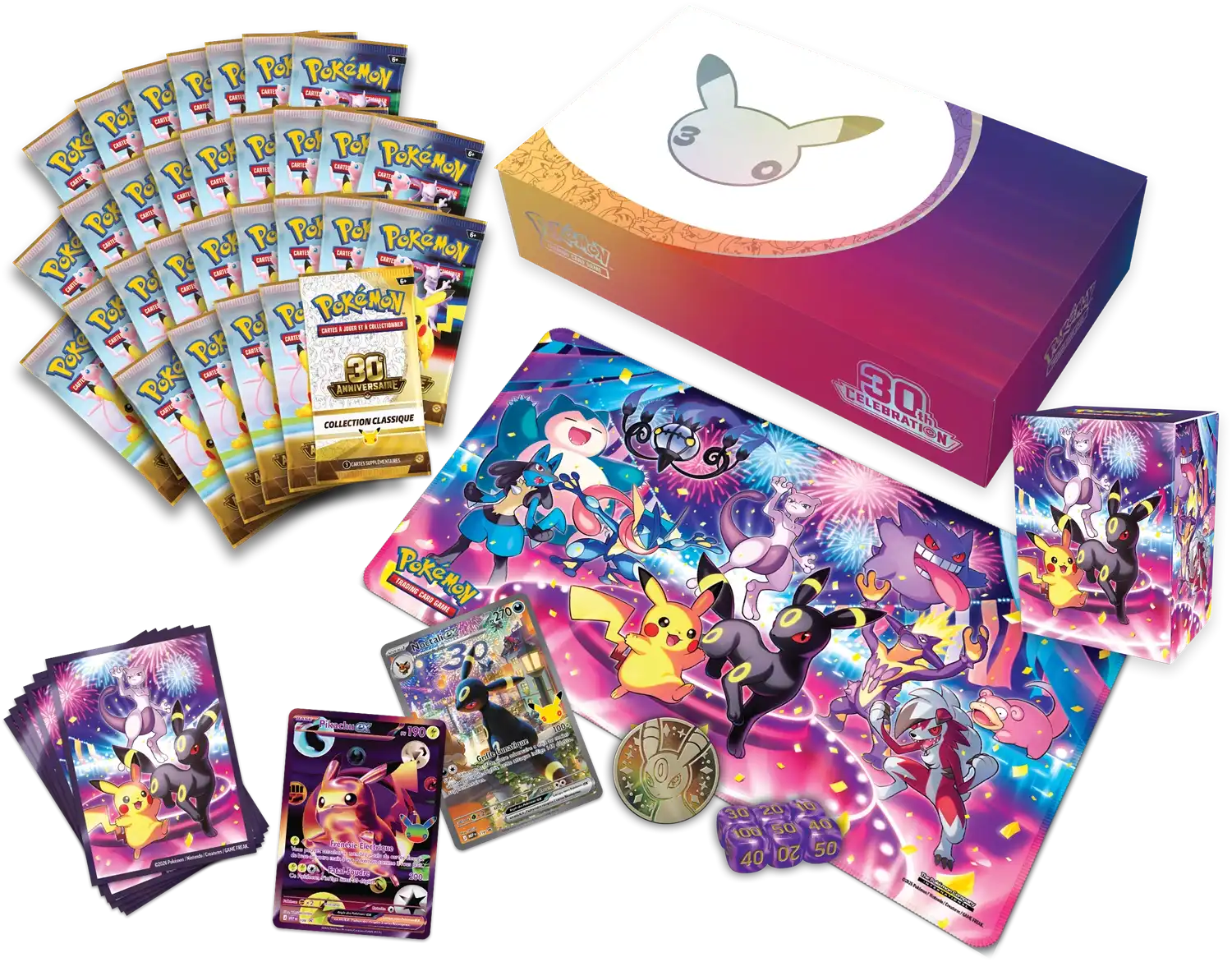 Contenu de la Collection Ultra-Premium 30ᵉ Anniversaire Soirée : boosters, tapis de jeu, protège-cartes, étui pour deck, pièce et cartes promo