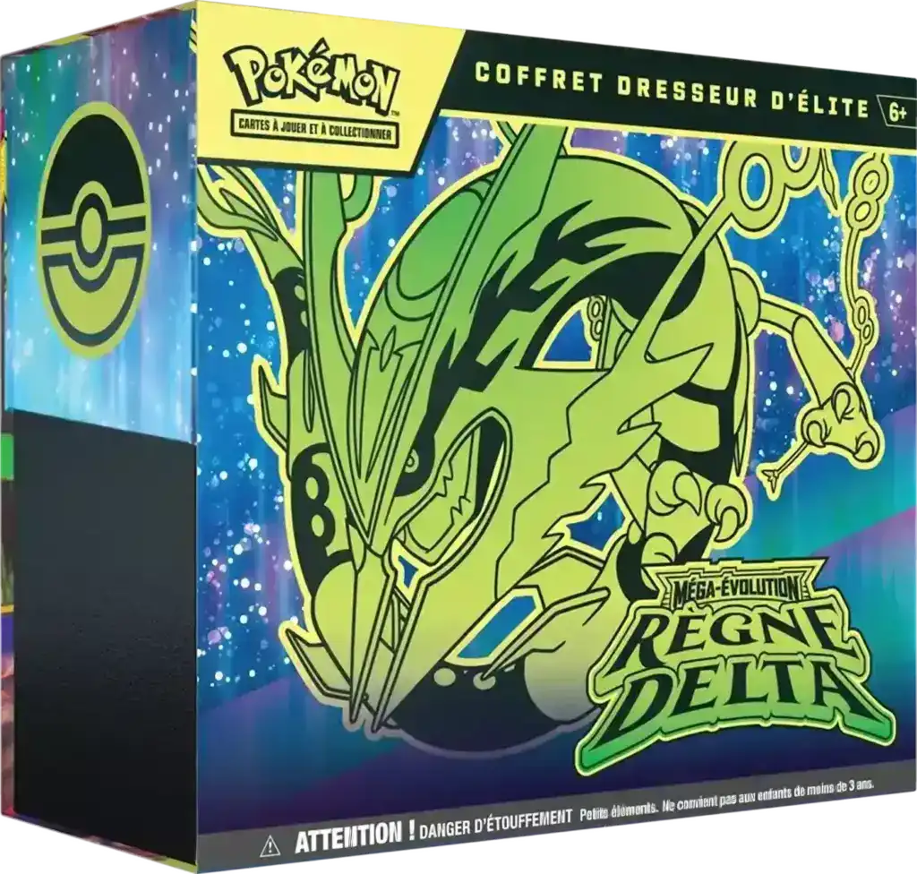Coffret Dresseur d'Élite Pokémon Règne Delta ME06 détouré, Méga-Rayquaza sur la boîte