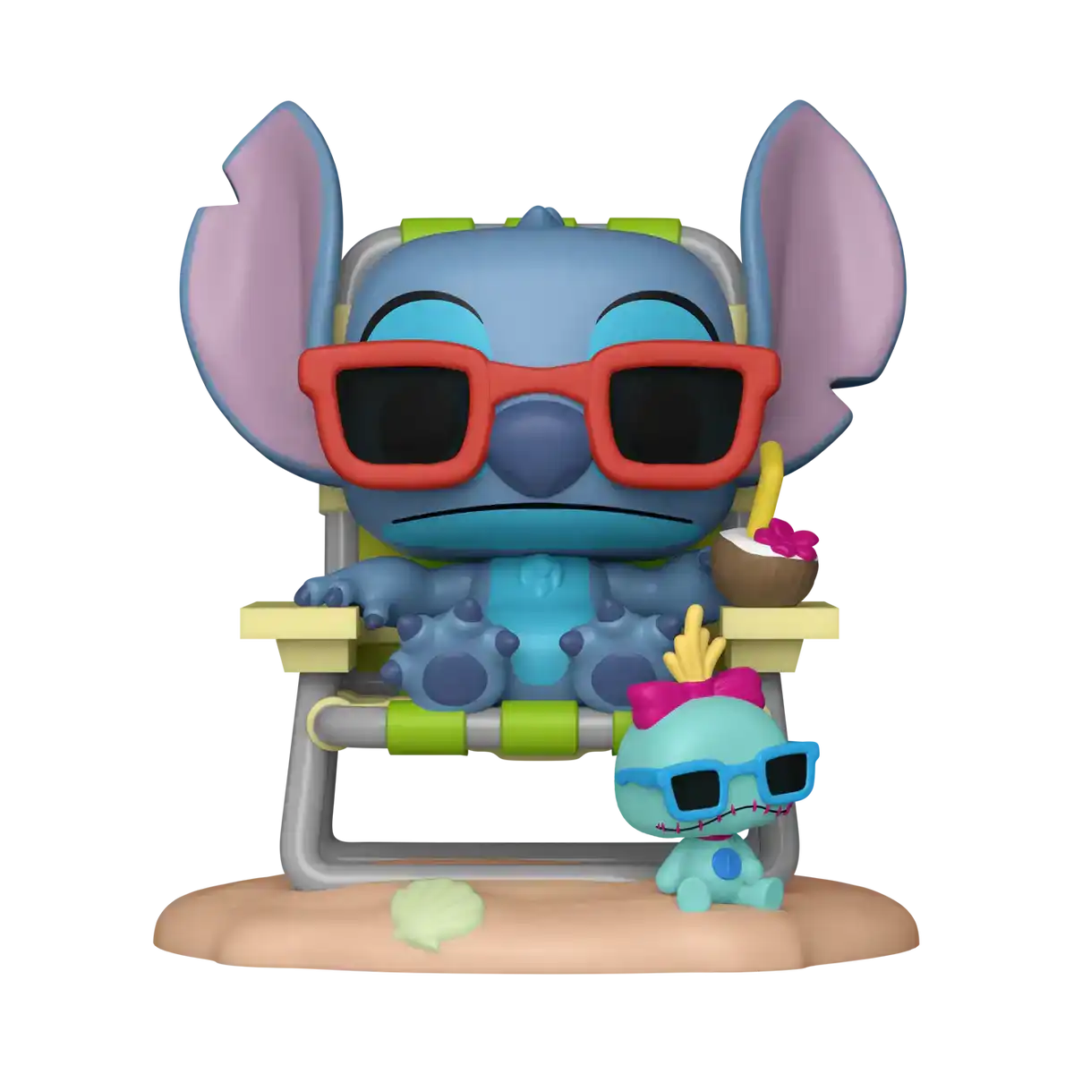 Funko Pop Stitch sur un transat avec Scrump