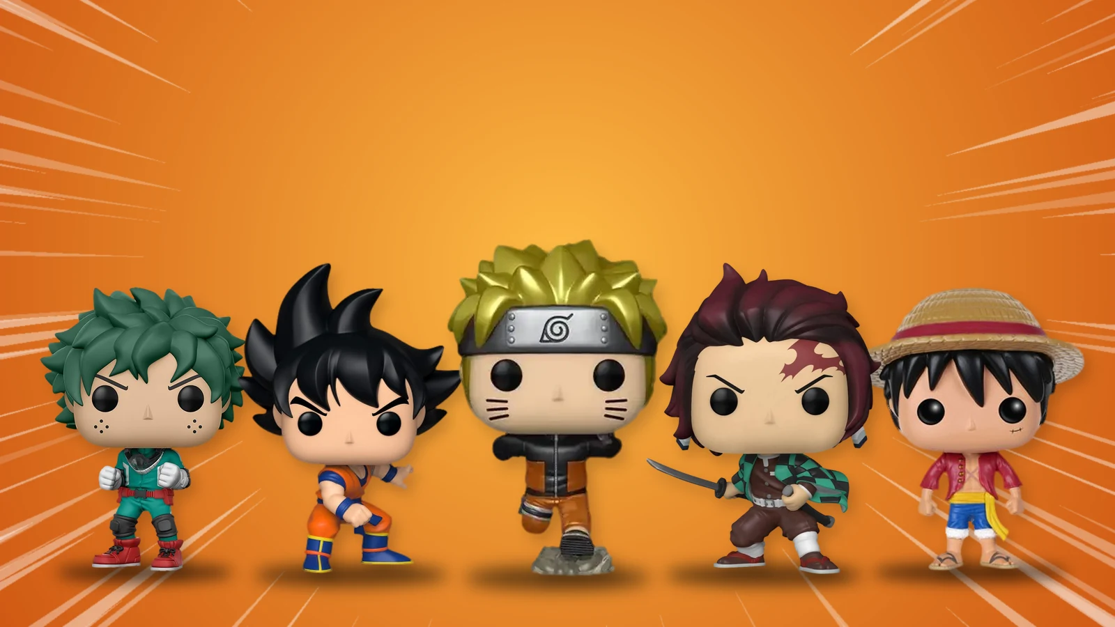 Funko Pop manga Deku, Goku, Naruto, Tanjiro et Luffy sur fond orange