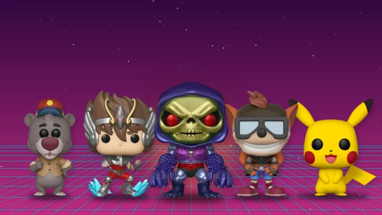 Funko Pop Baloo, Seiya, Skeletor, Crash Bandicoot et Pikachu sur un fond rétro néon