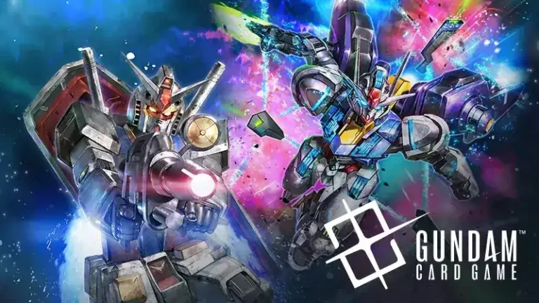 Illustration du Gundam Card Game de Bandai : le RX-78-2 Gundam, bouclier et fusil en main, face à un second Mobile Suit sur fond de nébuleuse