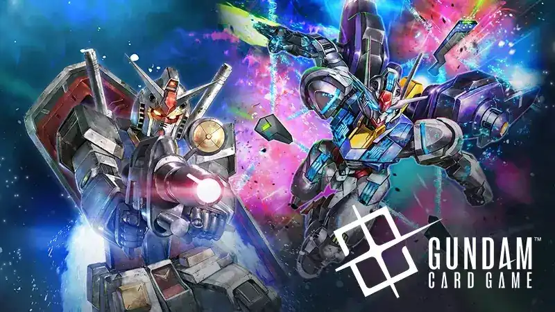 Illustration du Gundam Card Game de Bandai : le RX-78-2 Gundam, bouclier et fusil en main, face à un second Mobile Suit sur fond de nébuleuse