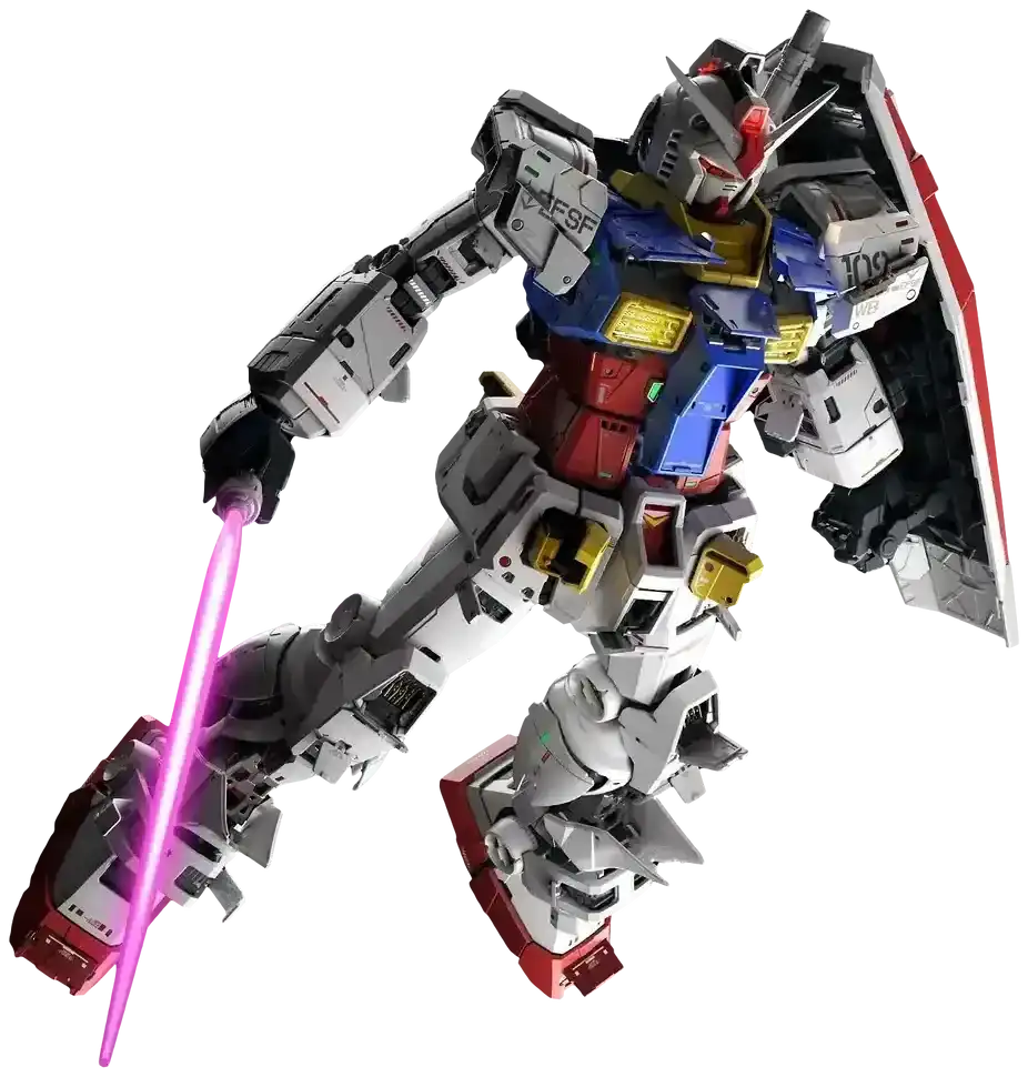 Maquette Gunpla RX-78-2 Perfect Grade Unleashed de Bandai en pose d'attaque, sabre laser et bouclier