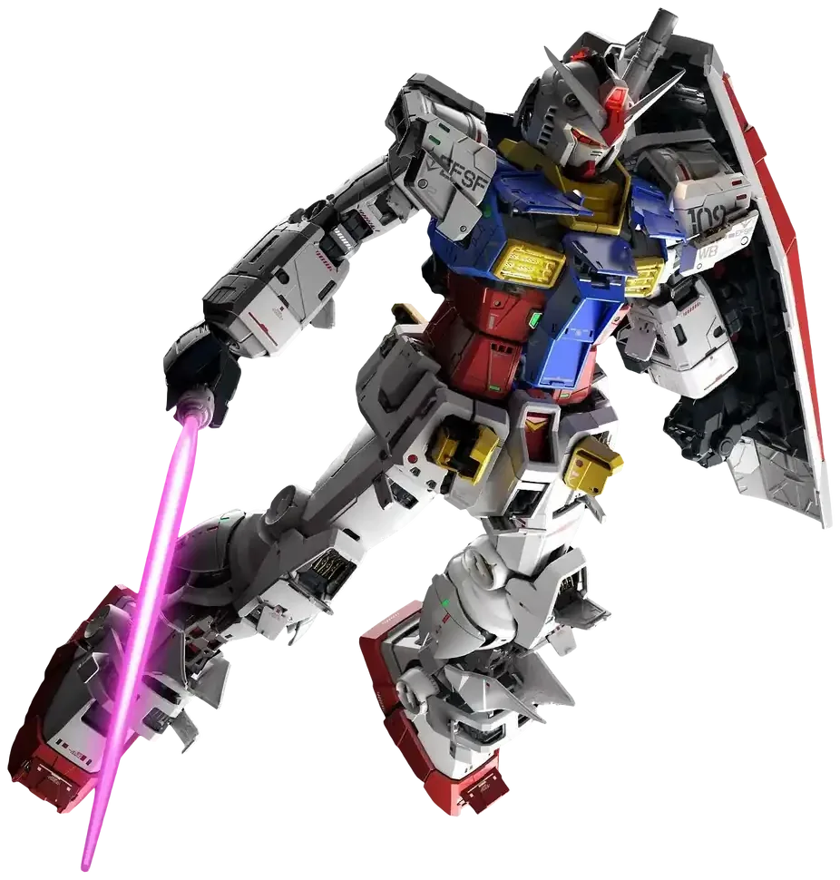 Maquette Gunpla RX-78-2 Perfect Grade Unleashed de Bandai en pose d'attaque, sabre laser et bouclier
