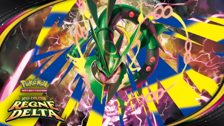 Méga-Rayquaza-ex sur l'illustration officielle de l'extension Pokémon Méga-Évolution Règne Delta