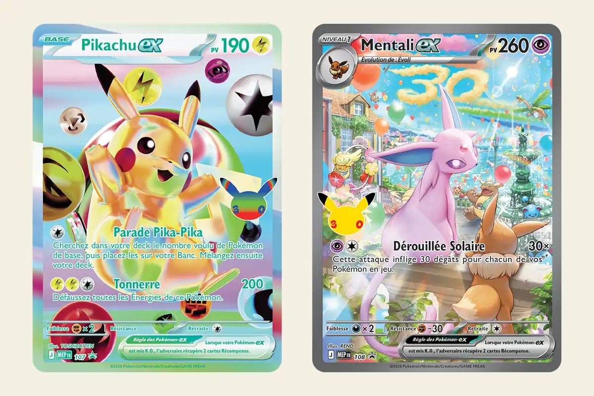 Cartes promo Pikachu-ex et Mentali-ex de la Collection Ultra-Premium 30ᵉ Anniversaire Journée