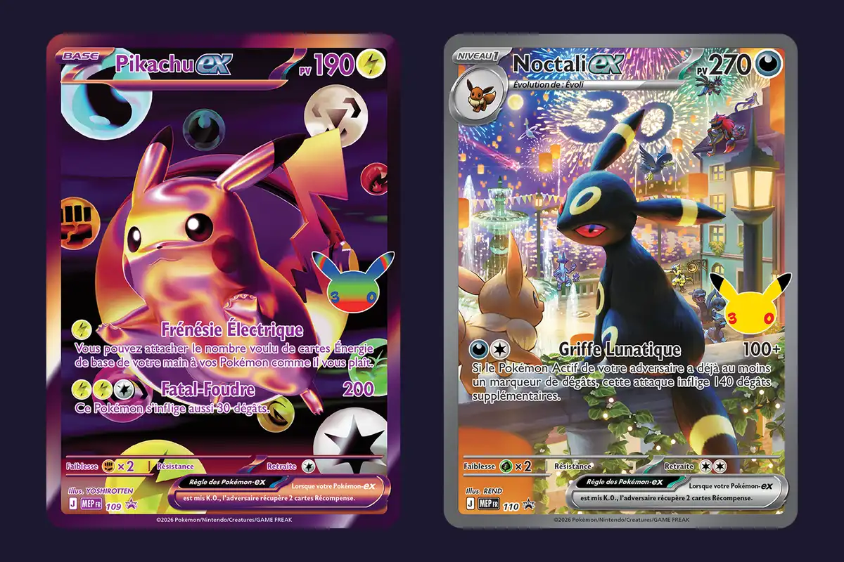 Cartes promo Pikachu-ex et Noctali-ex de la Collection Ultra-Premium 30ᵉ Anniversaire Soirée